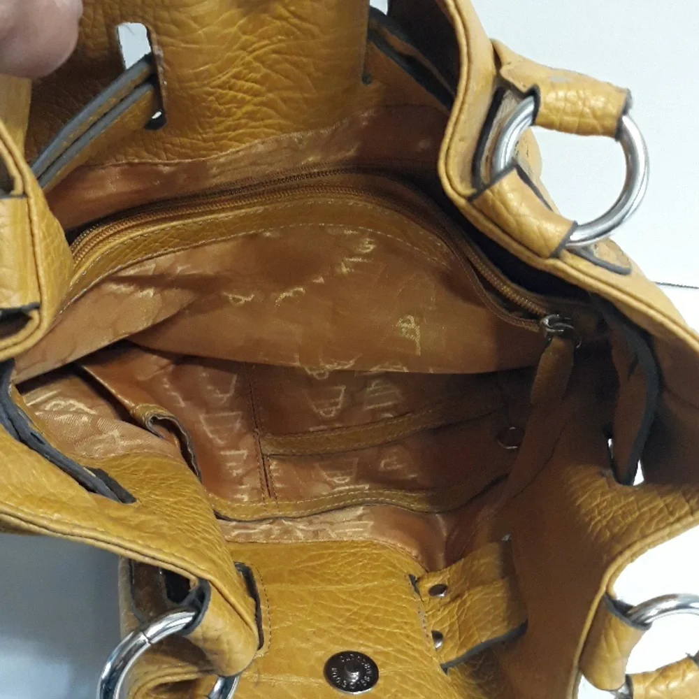 Kathy Van Zeeland Metal Studded Drawstring Bucket Bag In Mustard Yellow *EUC* - Picture 11 of 11